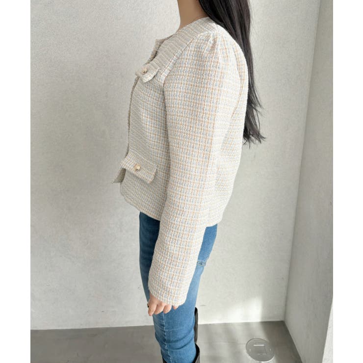 スプリング ツイード 金ボタン ノーカラー ジャケット[品番