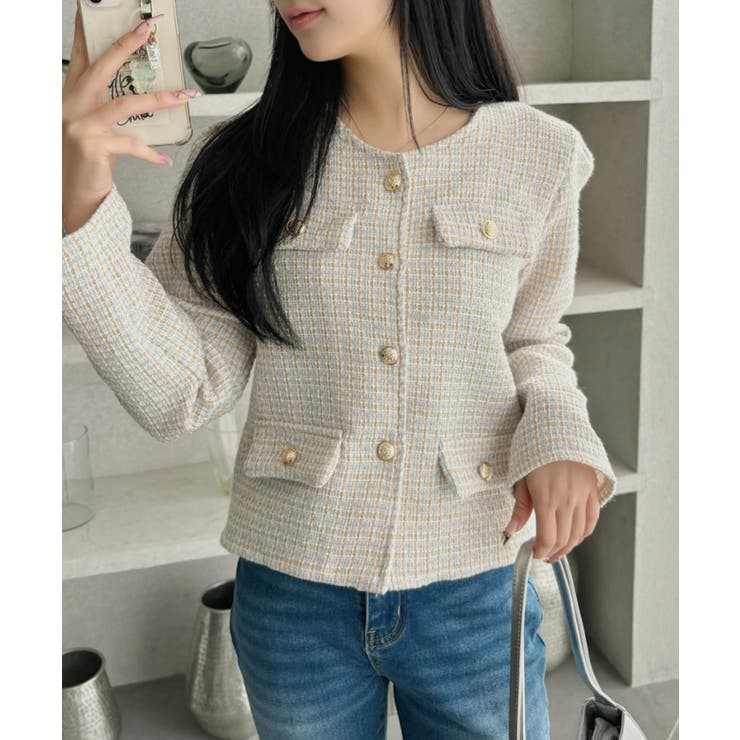 スプリング ツイード 金ボタン ノーカラー ジャケット[品番