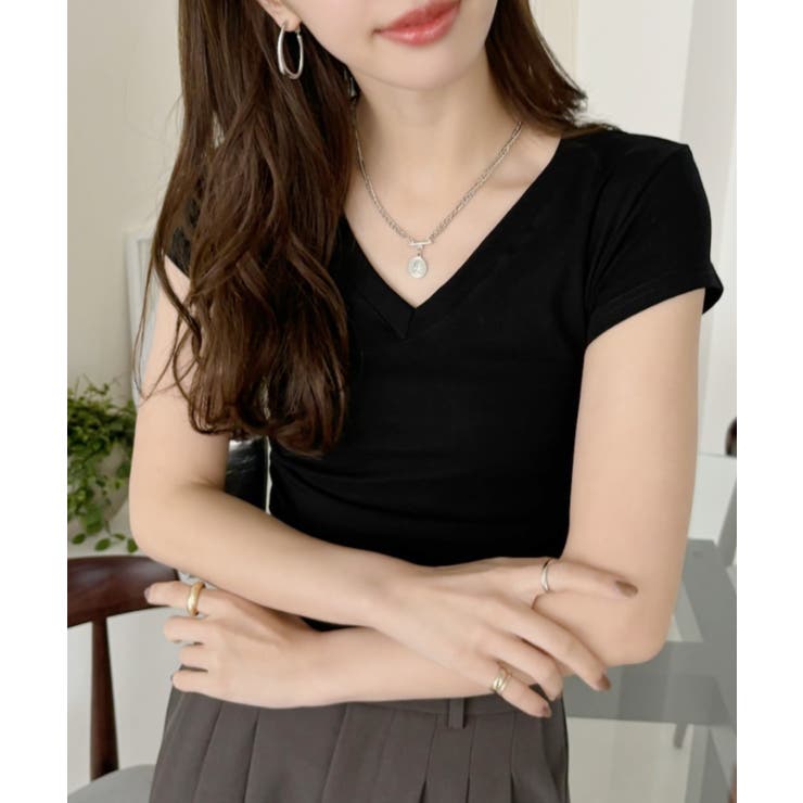 Vネック サイドシャーリング コンパクト フレンチスリーブ Tシャツ | Ada. | 詳細画像11 