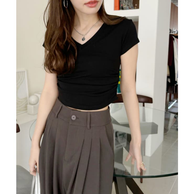 Vネック サイドシャーリング コンパクト フレンチスリーブ Tシャツ | Ada. | 詳細画像12 