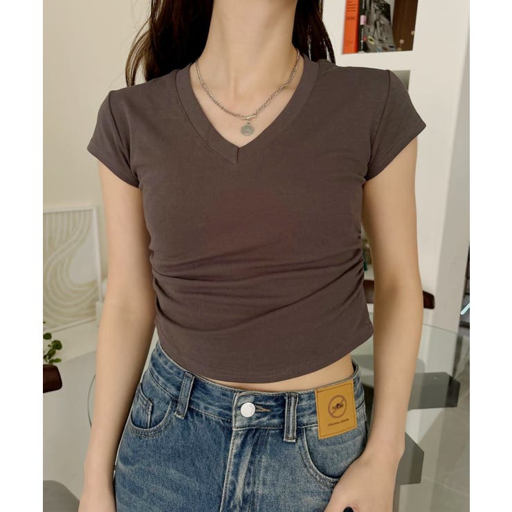 Vネック サイドシャーリング コンパクト フレンチスリーブ Tシャツ | Ada. | 詳細画像14 