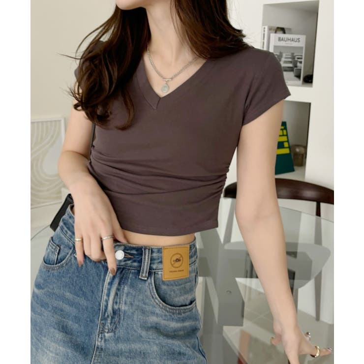 Vネック サイドシャーリング コンパクト フレンチスリーブ Tシャツ | Ada. | 詳細画像16 