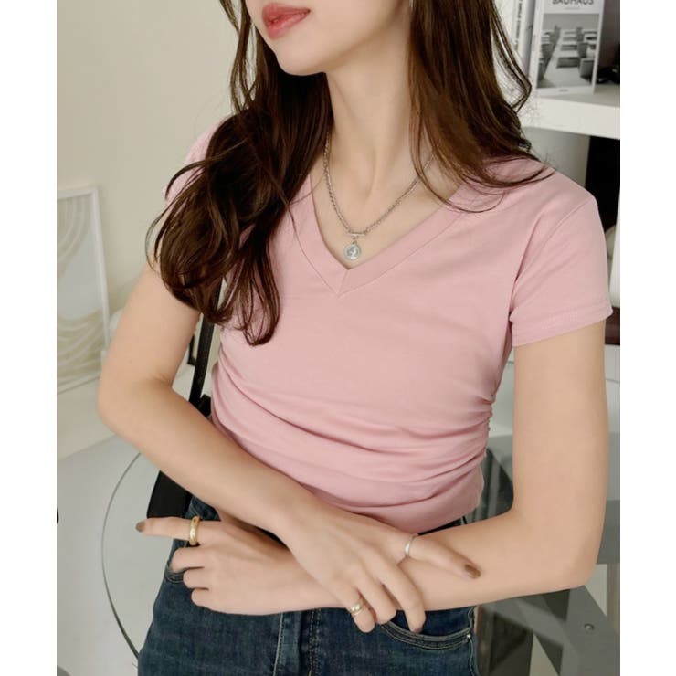 Vネック サイドシャーリング コンパクト フレンチスリーブ Tシャツ | Ada. | 詳細画像18 