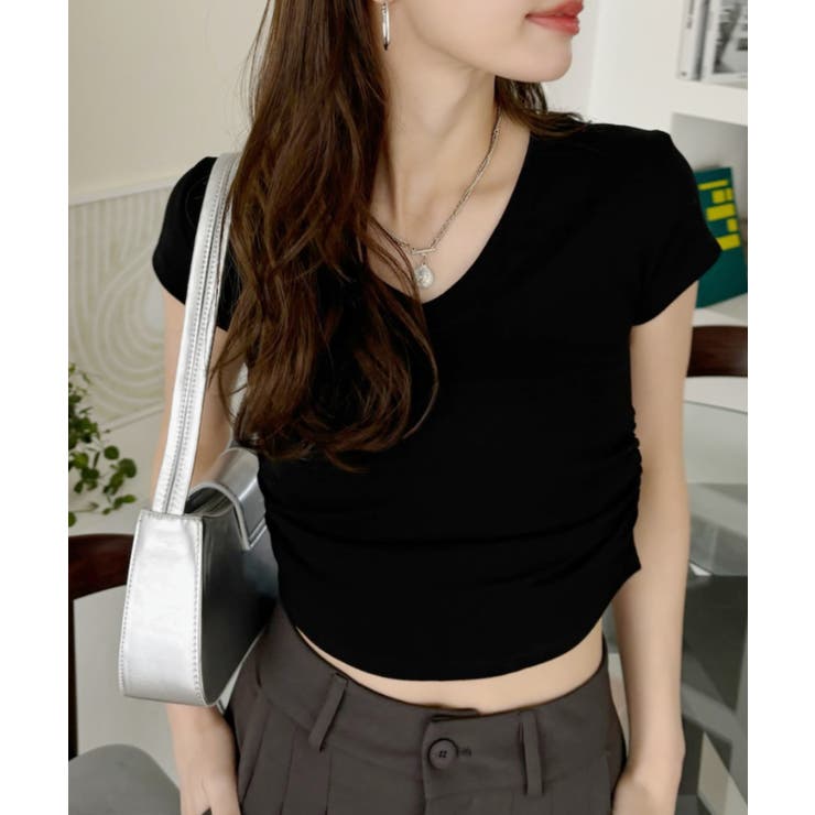 Vネック サイドシャーリング コンパクト フレンチスリーブ Tシャツ | Ada. | 詳細画像22 