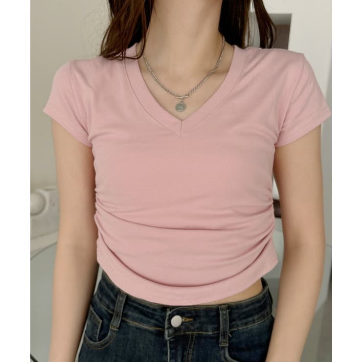Vネック サイドシャーリング コンパクト フレンチスリーブ Tシャツ | Ada. | 詳細画像30 