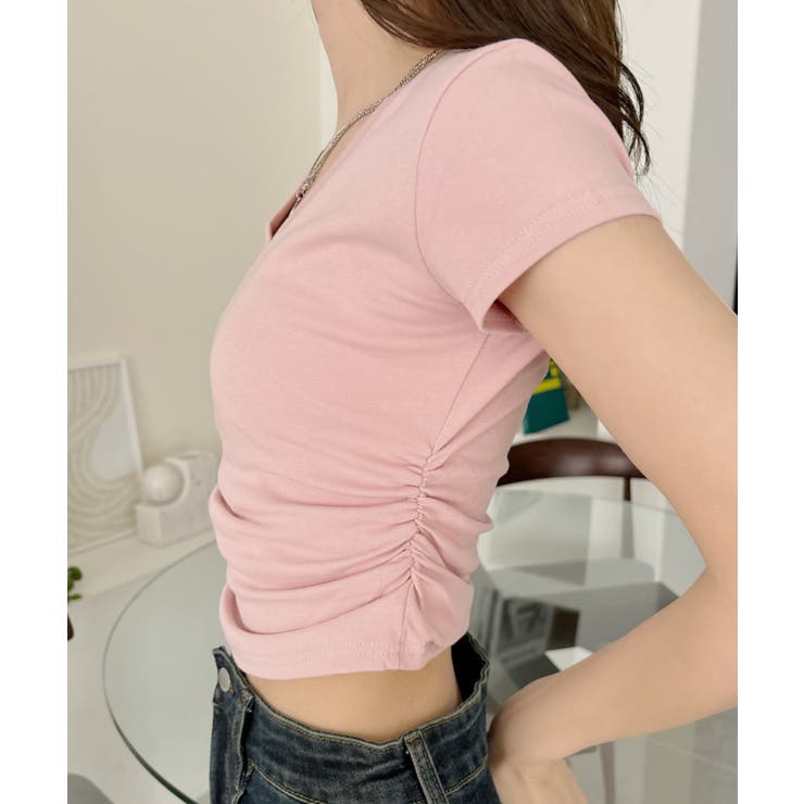 Vネック サイドシャーリング コンパクト フレンチスリーブ Tシャツ | Ada. | 詳細画像31 