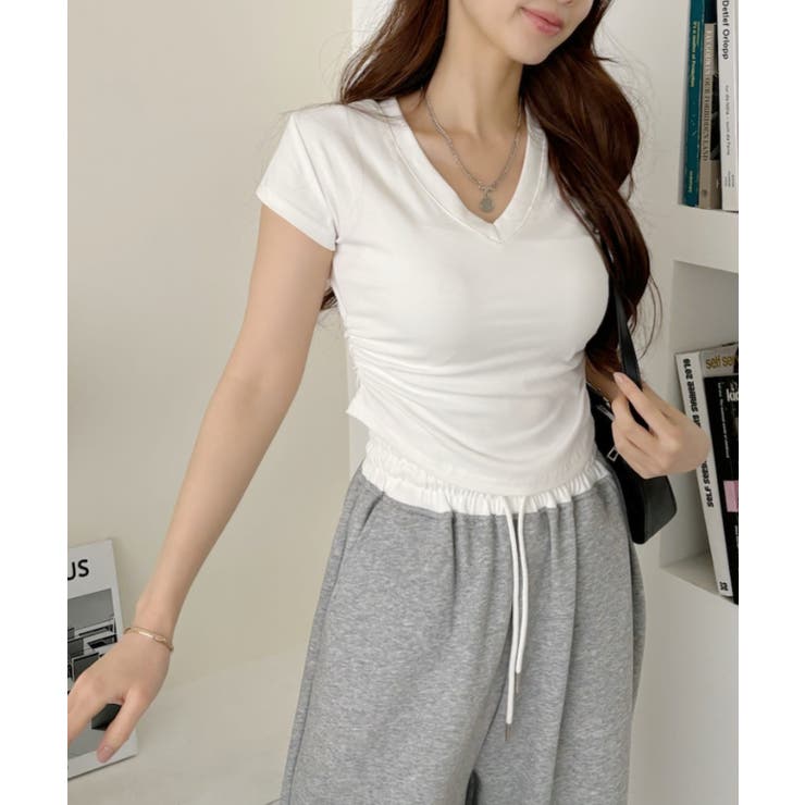 Vネック サイドシャーリング コンパクト フレンチスリーブ Tシャツ | Ada. | 詳細画像6 