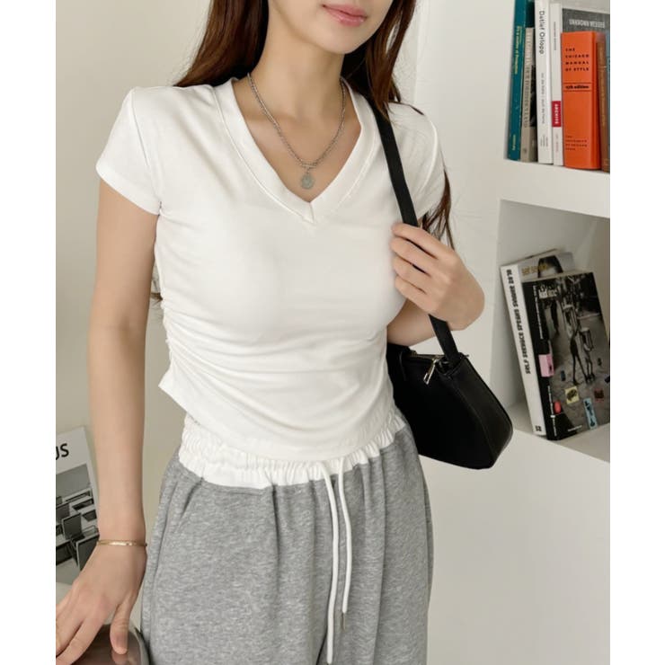 Vネック サイドシャーリング コンパクト フレンチスリーブ Tシャツ | Ada. | 詳細画像8 