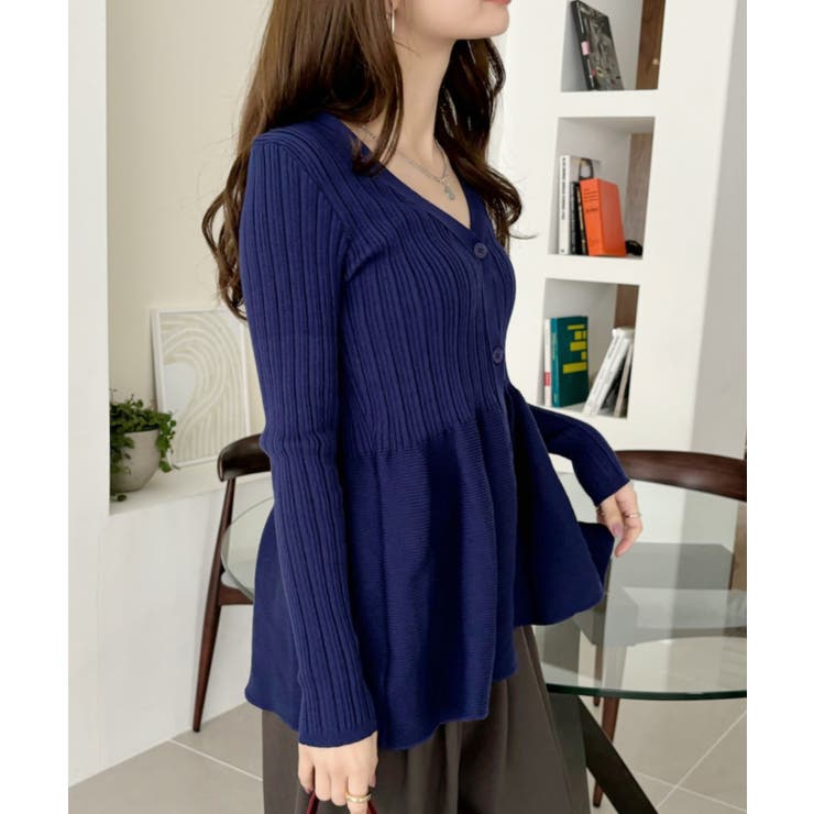 ディープVネック ワイドリブ ペプラム カーディガン[品番：ORGW0009449