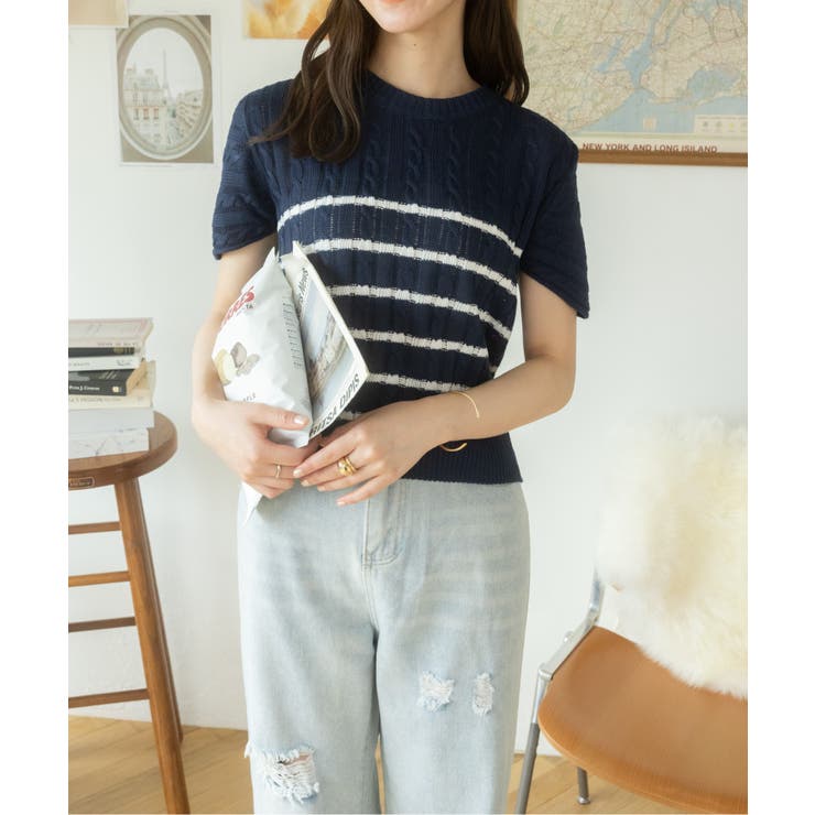 ケーブル編みボーダー半袖ニット[品番：ORGW0000540]｜Ada