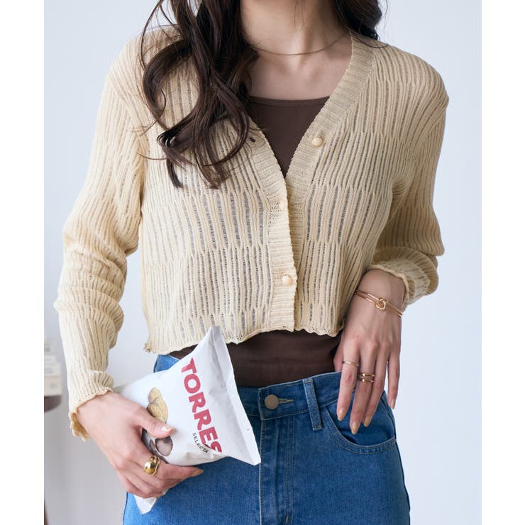 透かしランダムリブVネックショートカーディガン | Ada. | 詳細画像3 