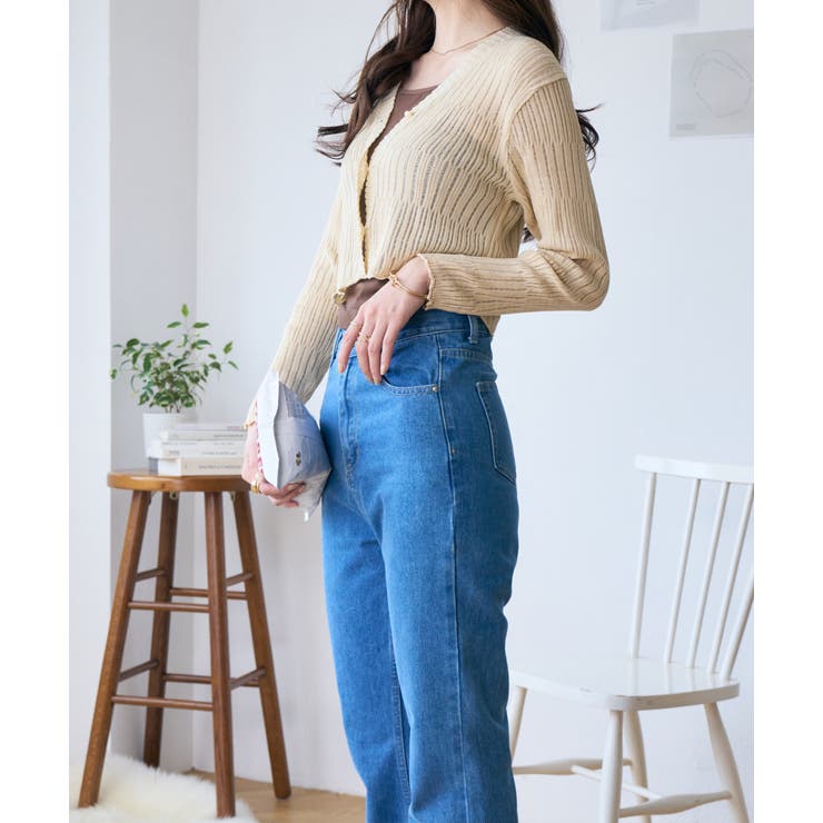 透かしランダムリブVネックショートカーディガン | Ada. | 詳細画像4 