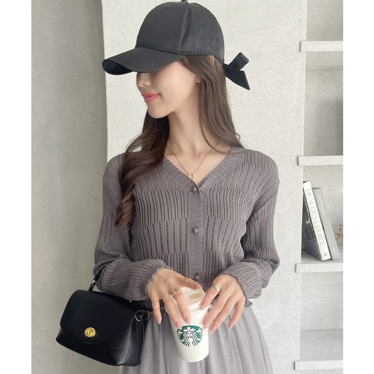 透かしランダムリブVネックショートカーディガン | Ada. | 詳細画像48 