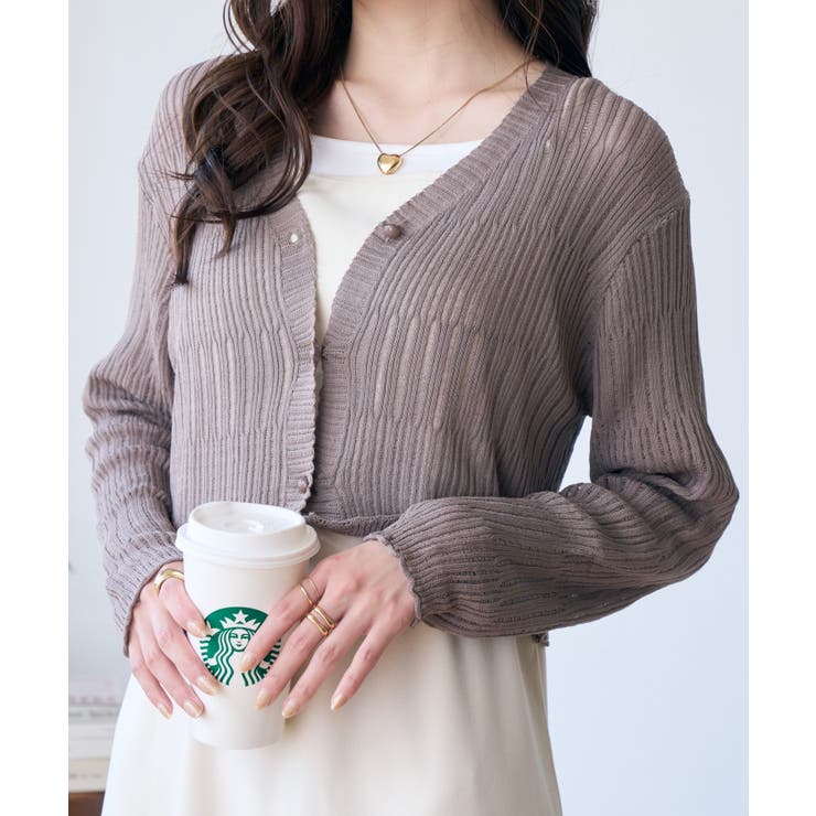 透かしランダムリブVネックショートカーディガン | Ada. | 詳細画像8 