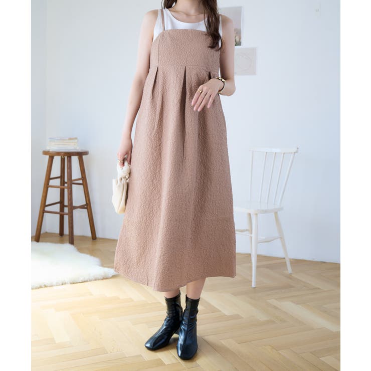 ふくれジャガードカットワークキャミワンピース