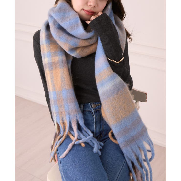 チェック柄 大判 ボリューム マフラー ブロックチェック マドラス