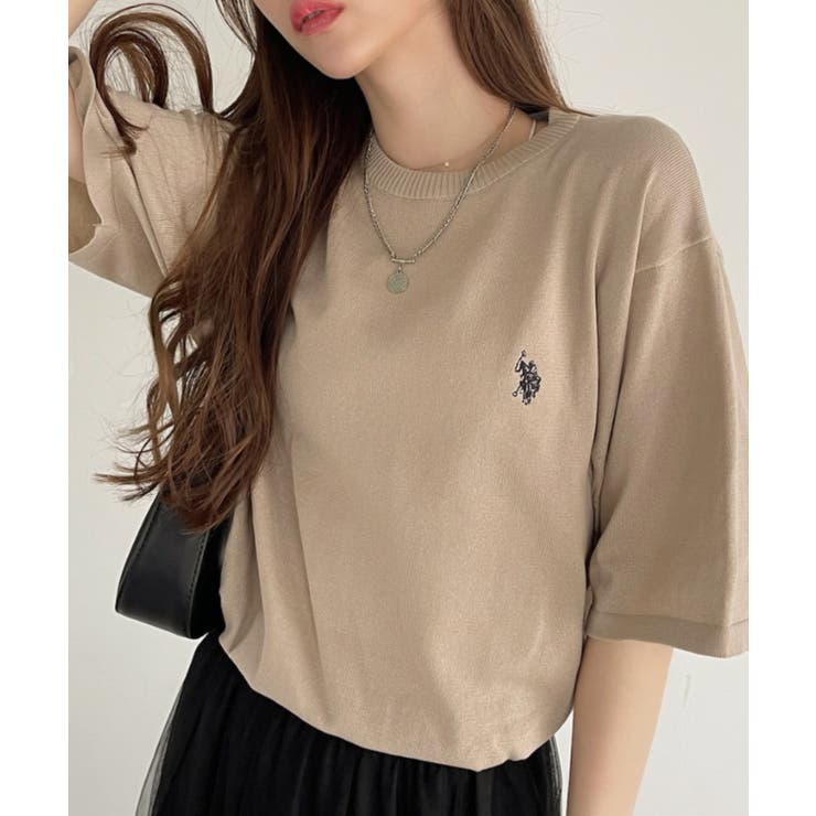 tシャツ 「INSTANTFUNK」エンブロイダリー ショートスリーブ ニットトップ レディース U.S.POLO ASSN. クルー ショートスリーブ ニット Tシャツ[品番