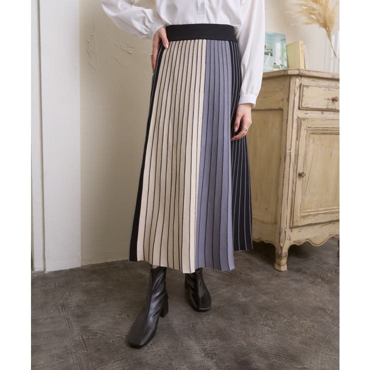 バイカラー プリーツ ニット スカート[品番：ORGW0008293]｜Ada