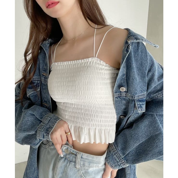 カップ付き ダブルストラップ シャーリング トップス[品番