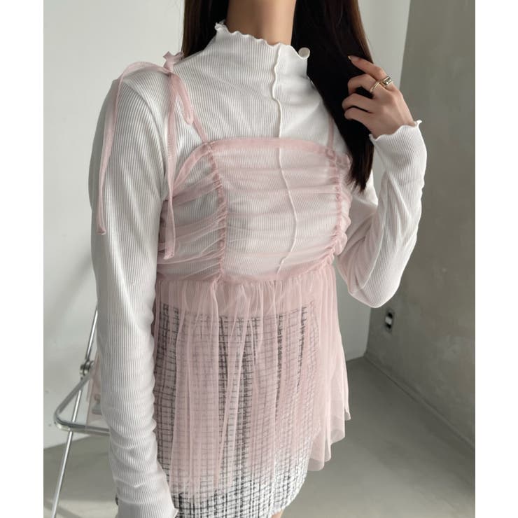 microwaveフリル付きピンクチュールトップス チュール」に該当するトップス（ピンク/桃色系・フリル）ファッション