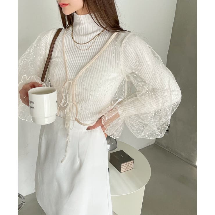 美品♡IENA CURRENTAGE レーシーポロ VERY NaVY2024年12月号掲載】グロッシーレースコンビ ニットプル