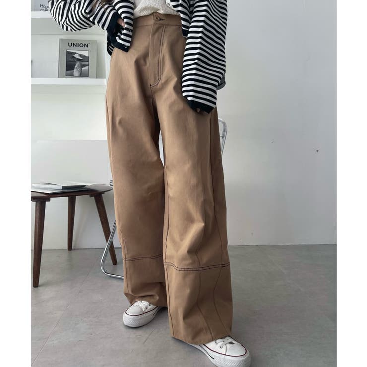 コットンツイル 配色ステッチ カーブパンツ[品番：ORGW0008550