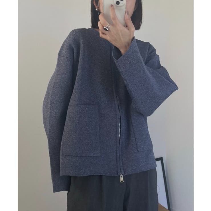 【美品】E by eclat ジップニットブルゾン　ジャケット　ネイビー　38 my beautiful landlet - PECOLAMB DOUBLE BEAVER WOOL HI-NECK