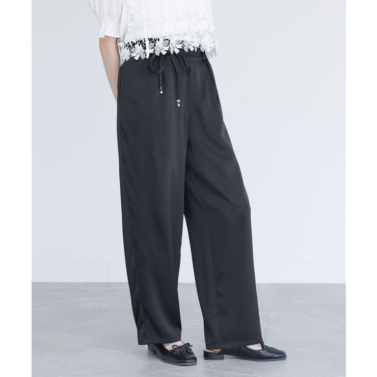 ブラック | somari imaginationフェイクパールベルト付きサテンカーブパンツ | osharewalker