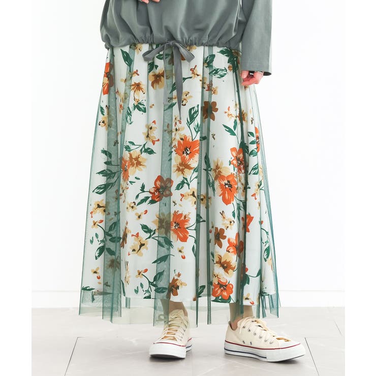 グリーン | n'OrLABEL花柄プリントチュールレイヤードスカート  | osharewalker