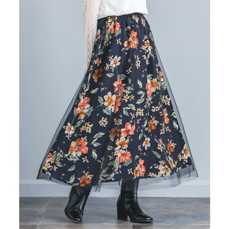 ブラック | n'OrLABEL花柄プリントチュールレイヤードスカート  | osharewalker