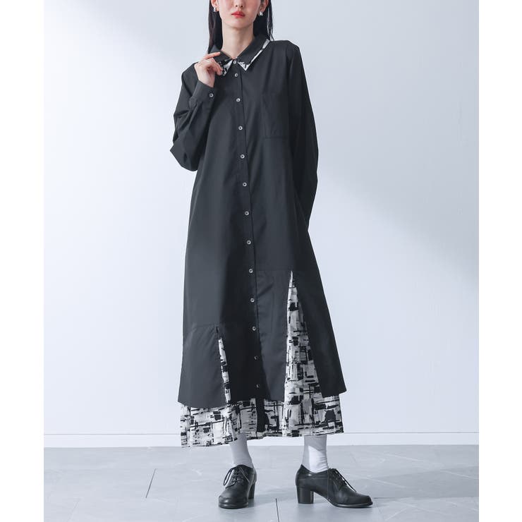 ブラック | kOhAKU柄ドッキングシャツワンピース  | osharewalker