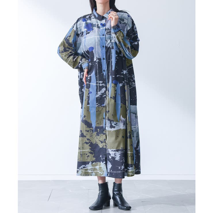 ブラック | kOhAKUアート柄シャツワンピース | osharewalker