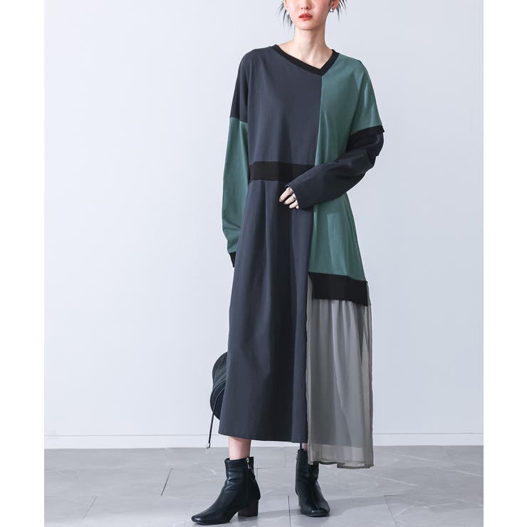 ネイビー | kOhAKU配色カットソーワンピース  | osharewalker