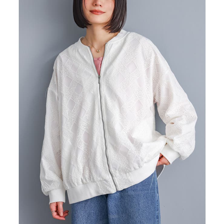 オフホワイト | n'OrLABEL幾何柄レースブルゾン  | osharewalker