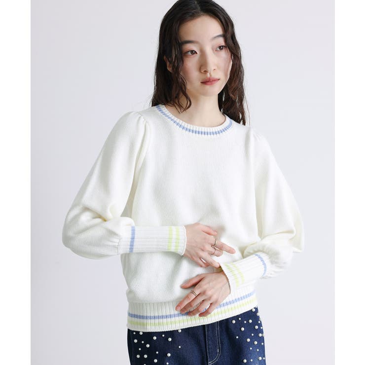 アイボリー | somari imagination配色ラインパフスリーブニット  | osharewalker