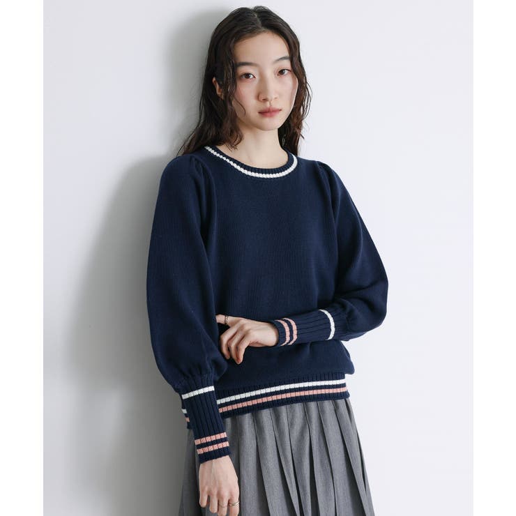 ネイビー | somari imagination配色ラインパフスリーブニット  | osharewalker