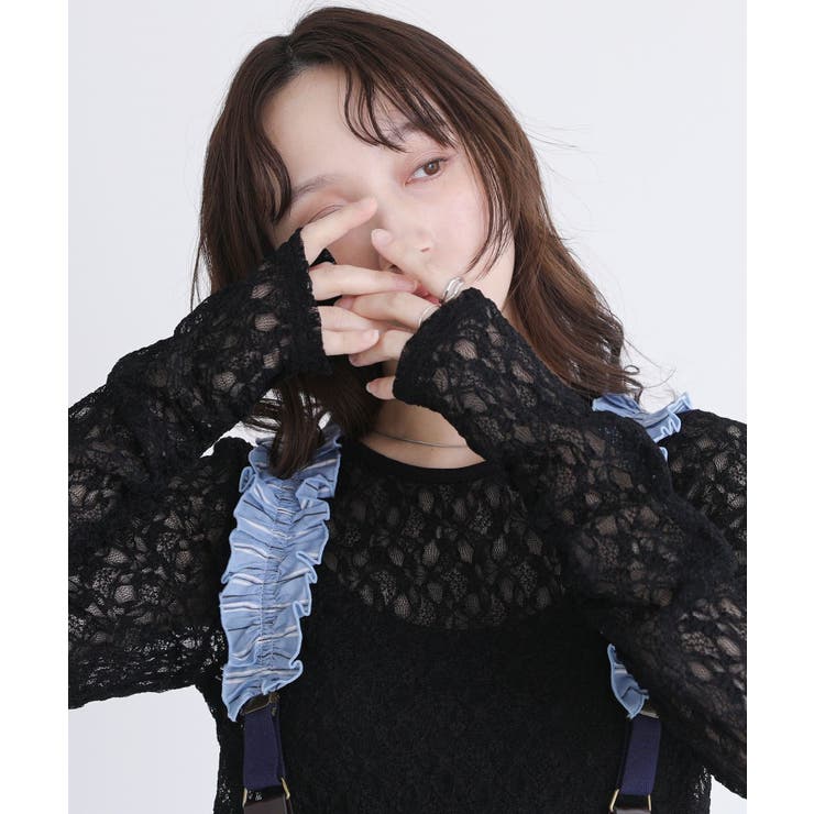 ブラック | somari imagination袖ギャザーレースカットトップス | osharewalker