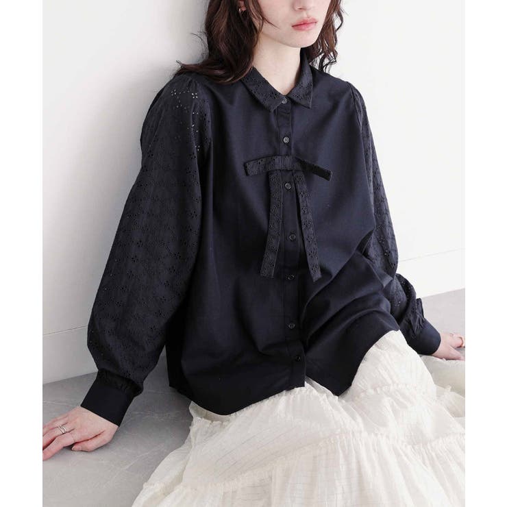 ブラック | somari imaginationコットンレースリボン付きブラウス | osharewalker