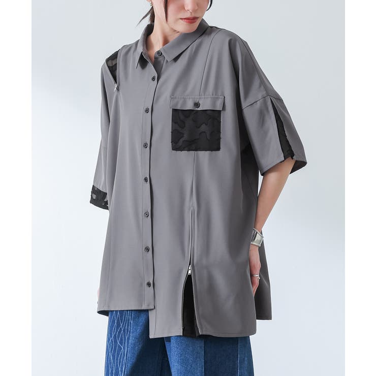 グレー | kOhAKUシアー切替ファスナーシャツ | osharewalker