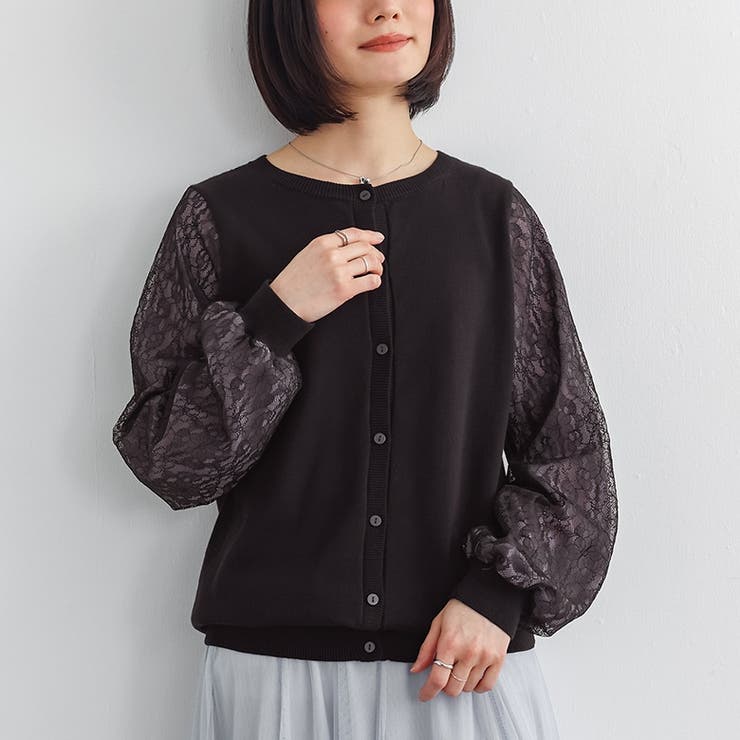 ブラック | n'OrLABEL袖レースニットカーディガン  | osharewalker