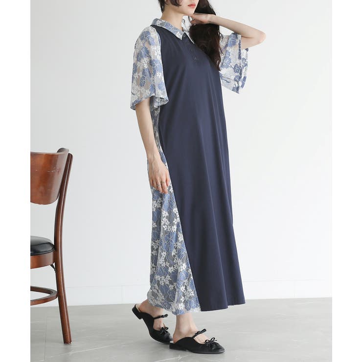 ネイビー | somari imaginationレース切り替えポロシャツワンピース  | osharewalker