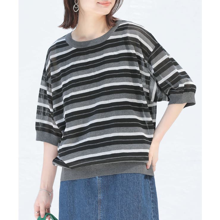 ブラック | n'OrLABEL接触冷感UVカット加工マルチボーダーシアーニット | osharewalker
