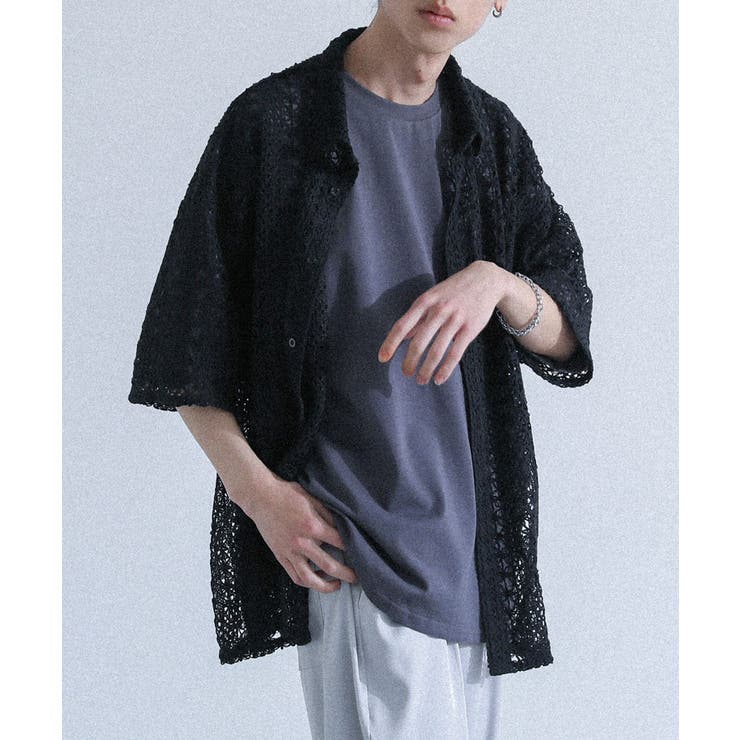 ブラック | MDR透かし柄編み半袖シャツ  | osharewalker【MEN】