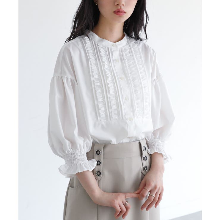ラッフルカラーデザイン七分袖ブラウス/洗える/WEB限定サイズ