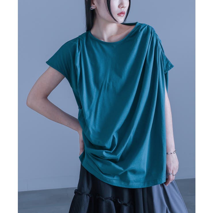 ブルー | kOhAKUフレンチスリーブドレープカットソー | osharewalker