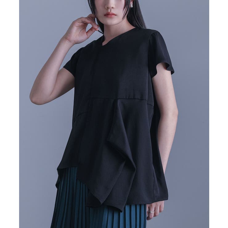 ブラック | kOhAKUアシメドレープフレンチスリーブブラウス | osharewalker