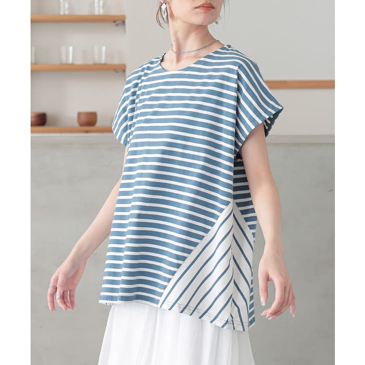 ブルー | n'OrLABELボーダー切替フレンチスリーブカットソー | osharewalker