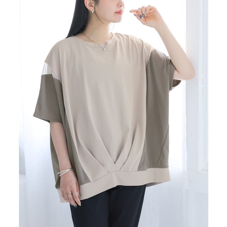 グレージュ | n'OrLABEL冷感配色メッシュ切替ドルマンカットソー | osharewalker