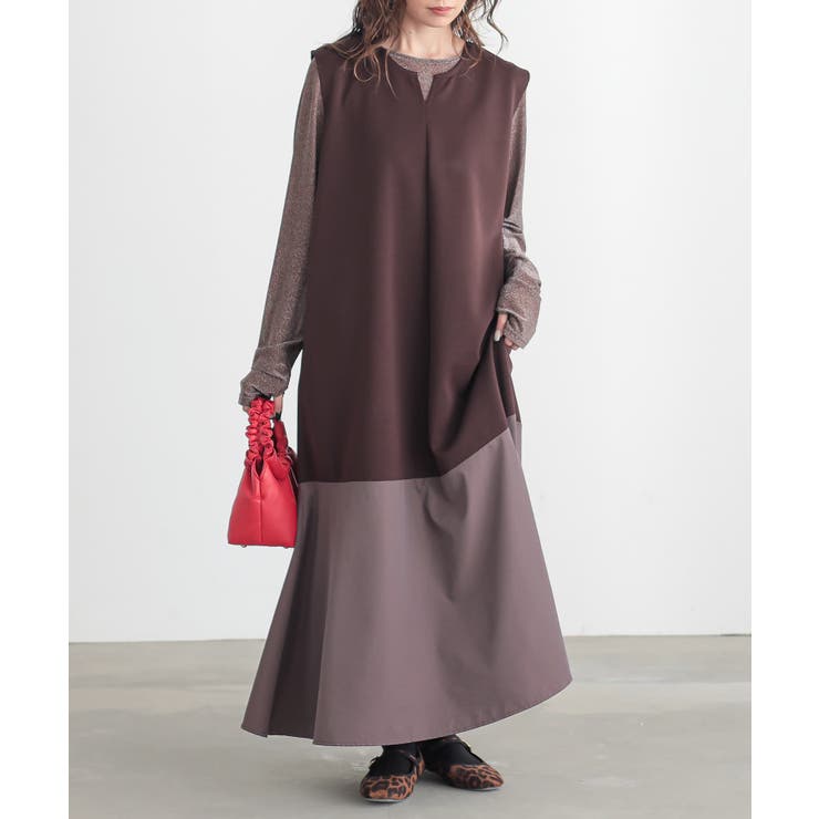 ブラウン | n'OrLABEL異素材切替えノースリーブワンピース  | osharewalker