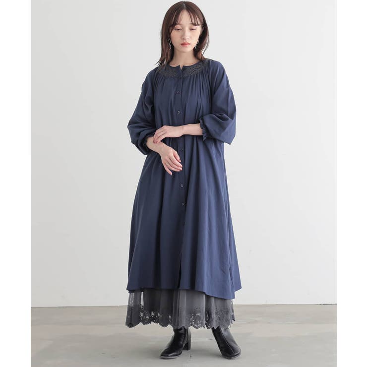 ネイビー | n'OrLABELスモッキング刺繍ストライプワンピース | osharewalker